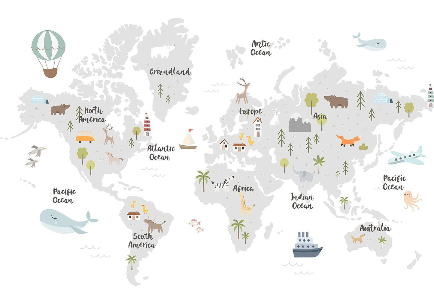 Detailansicht minimalistische Weltkarte Tapete mit klaren geografischen Konturen