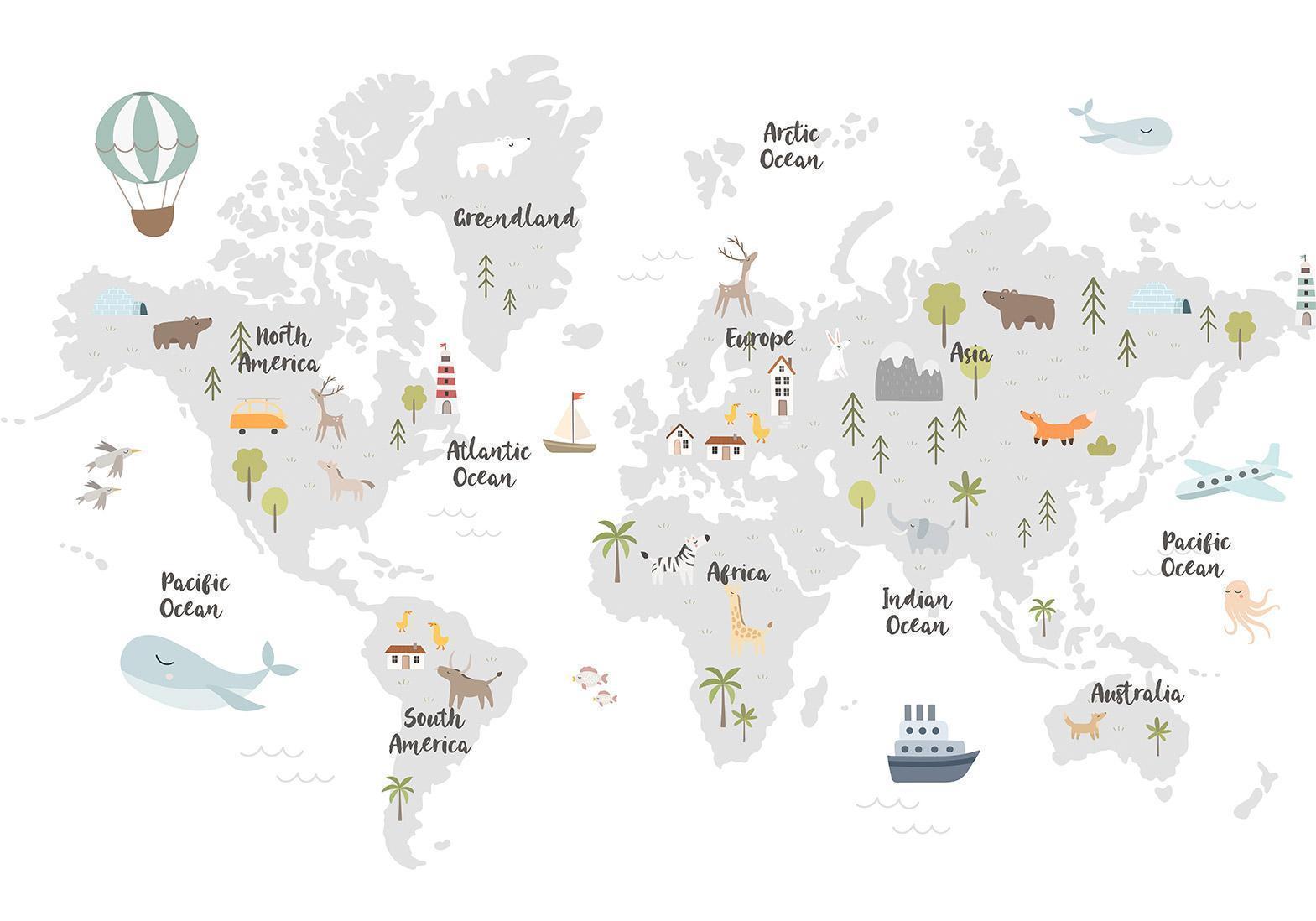 Detailansicht minimalistische Weltkarte Tapete mit klaren geografischen Konturen