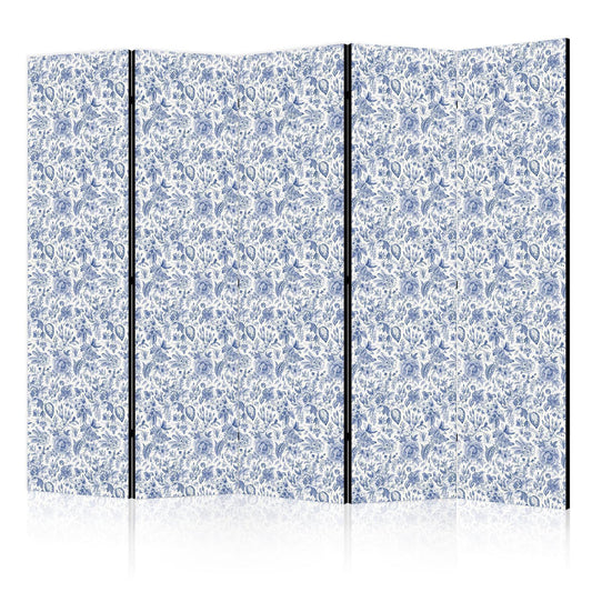 Paravent - Illustration in Vintage Style - Blue Flowers on a White Background Artgeist