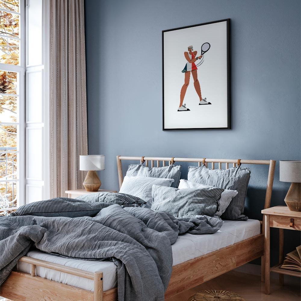 Leinwandbild - Tennis Player With a Racket on a Light Background - Illustration