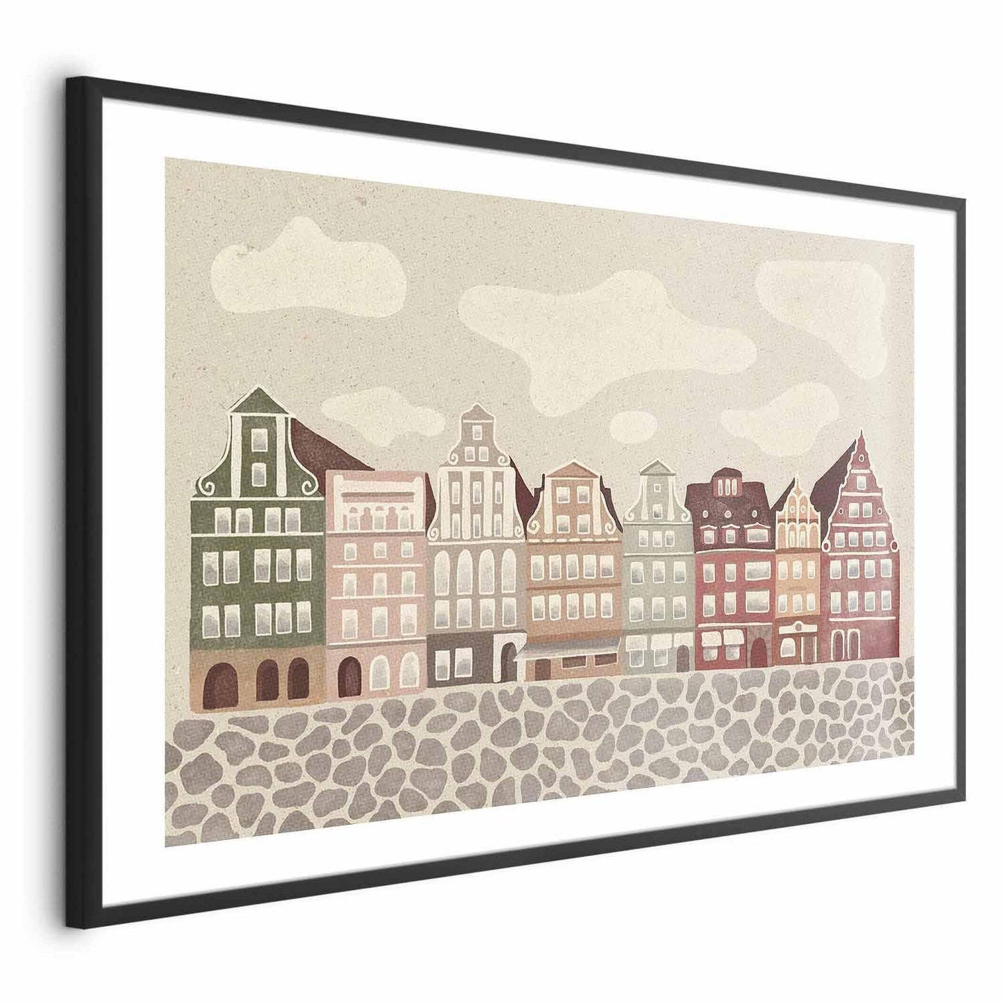 Poster of colorful historic Wrocław tenement houses against sky and cobblestone street.