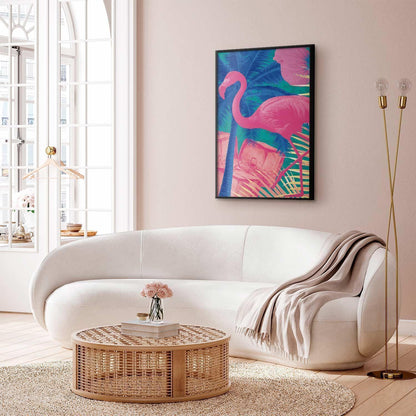 Poster - Pink Flamingo - abstract flamingo against a background of palm trees and ice cubes