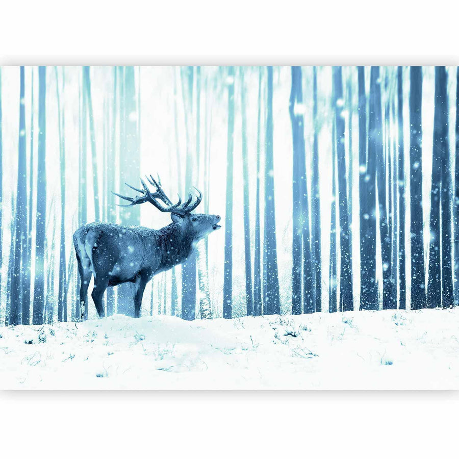 Fototapete - Winter animals - deer motif on a forest background in shades of blue Artgeist