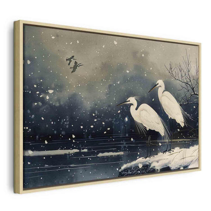 Leinwandbild - Herons over a winter pond - Japanese-style illustration in dark colours