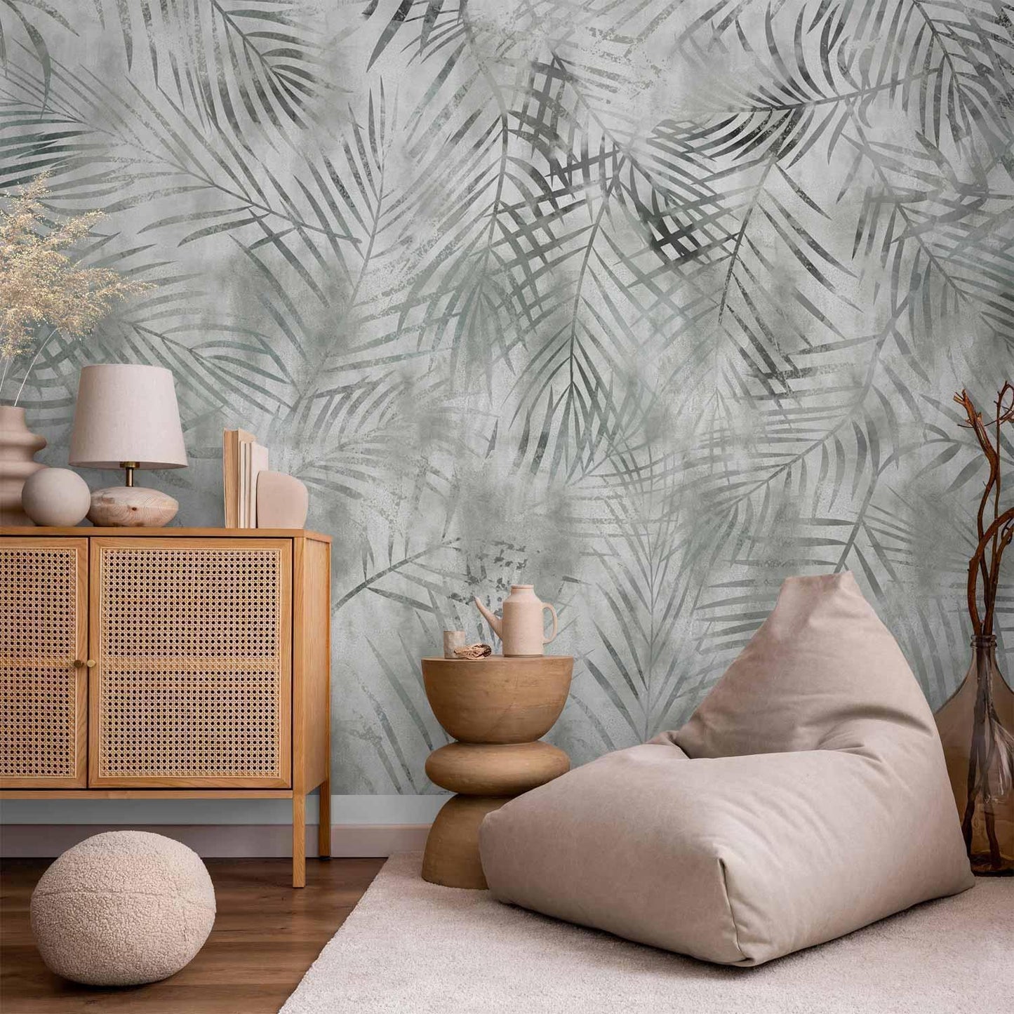 Fototapete - Minimalist landscape - nature motif with grey exotic leaves Artgeist