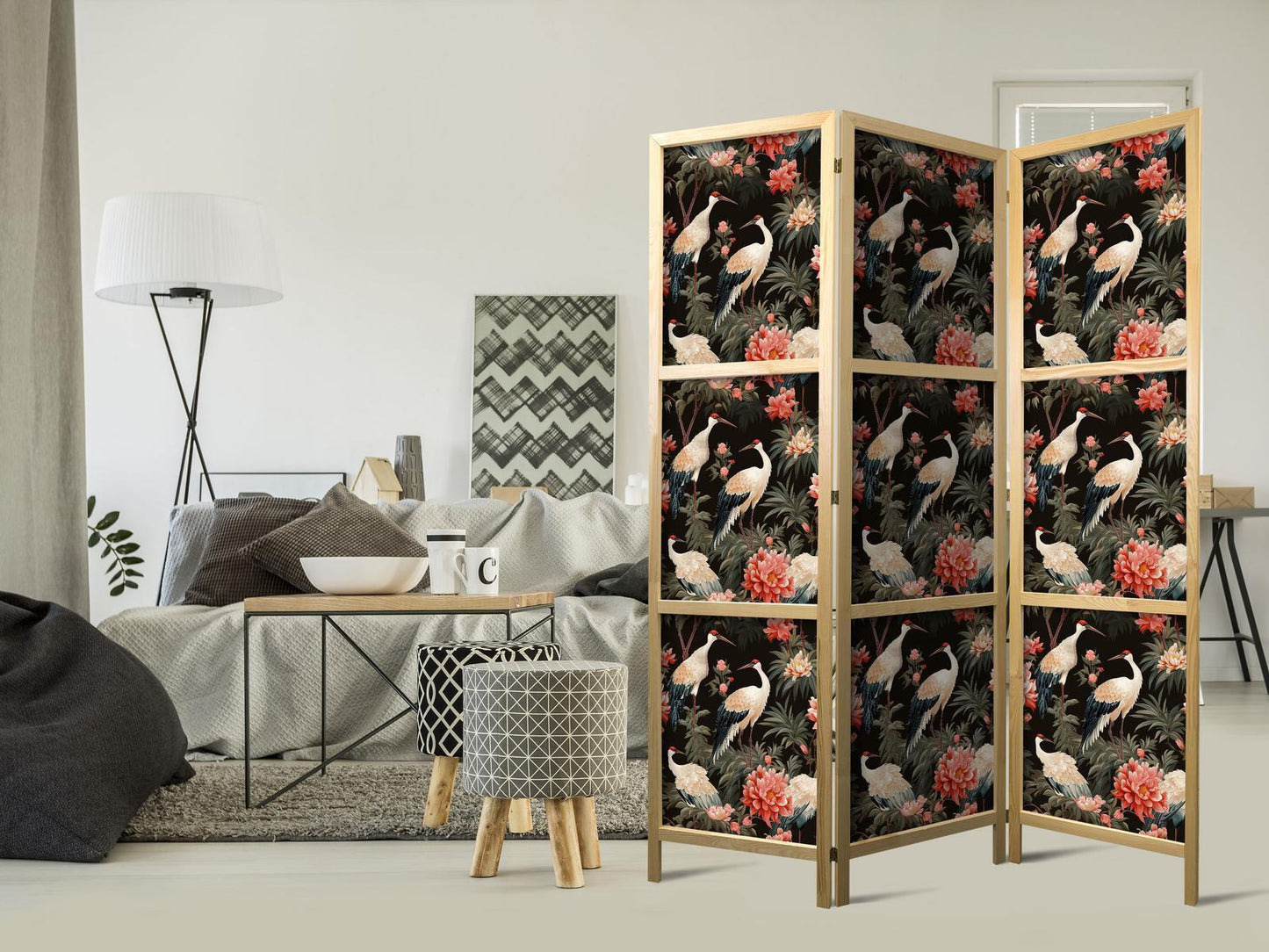 Japanischer Paravent - Ornament with birds - silhouettes of cranes and peony flowers on a dark background