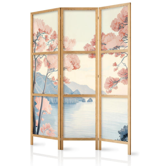 Japanischer Paravent - Landscape with the Ocean - Cliffs - and Trees in Delicate Pink Shades Artgeist