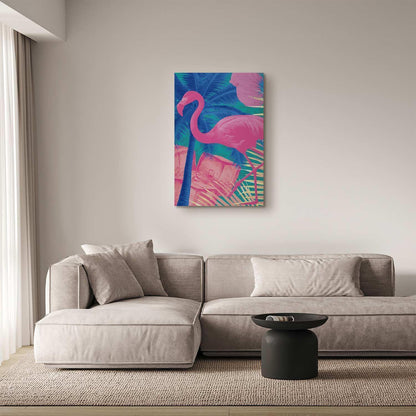 Leinwandbild - Pink Flamingo - Abstract Flamingo Against Palms and Ice Cubes Artgeist