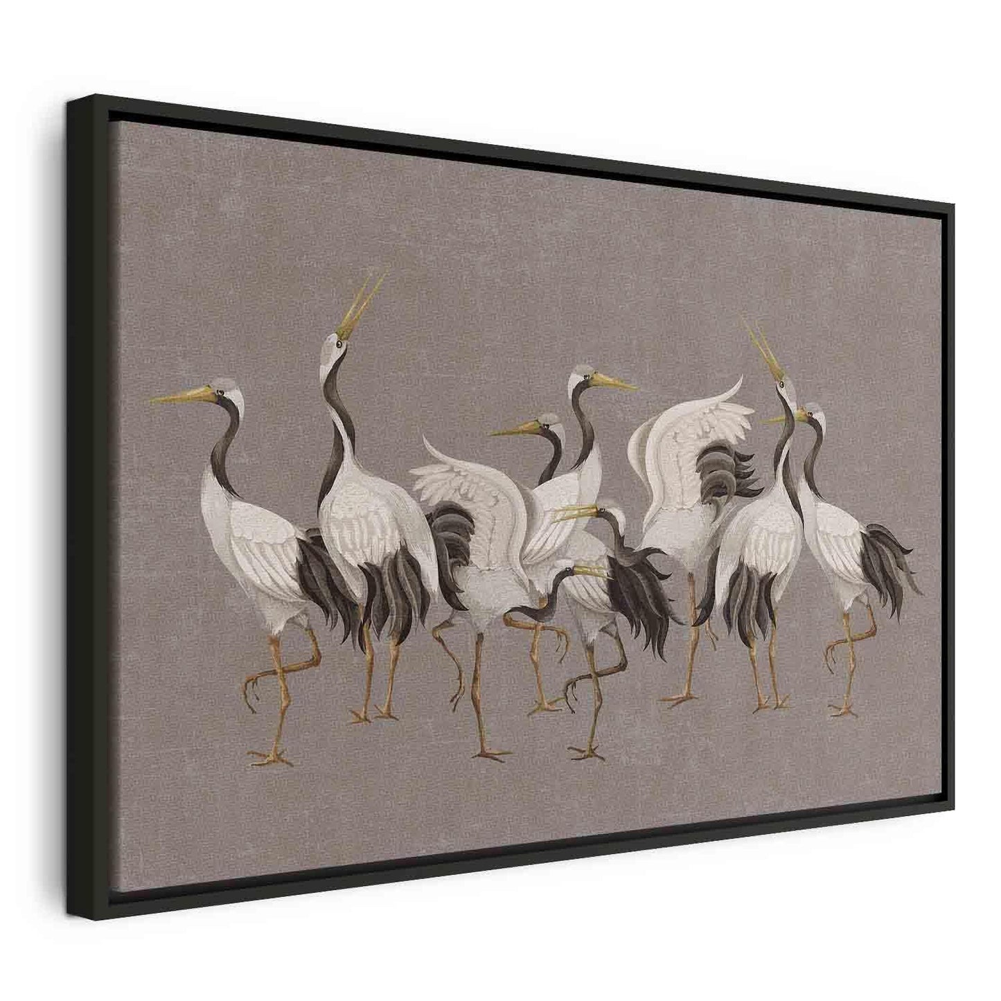 Leinwandbild - Crane dance – bright silhouettes of birds against a warm grey background with texture