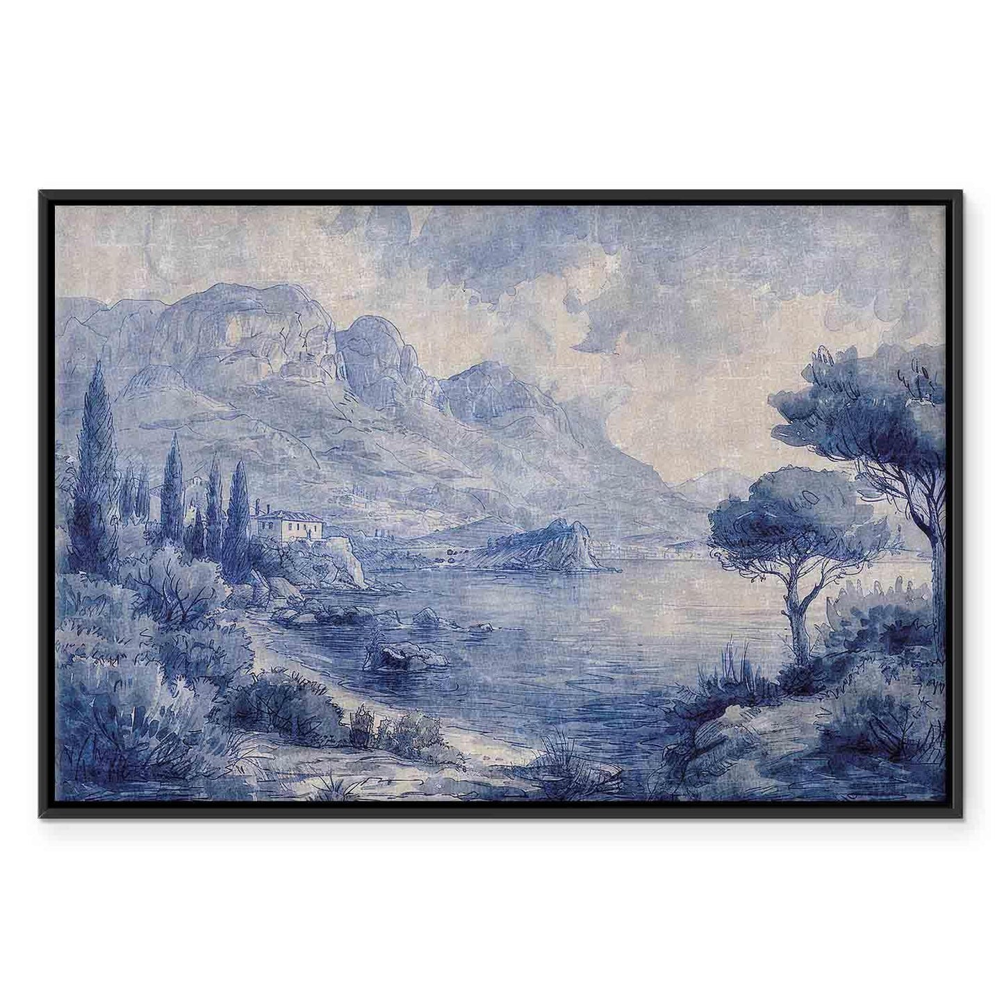 Leinwandbild - Blue Bay - Italian landscape of Lake Como painted with blue ink