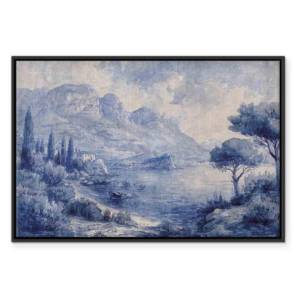 Leinwandbild - Blue Bay - Italian landscape of Lake Como painted with blue ink
