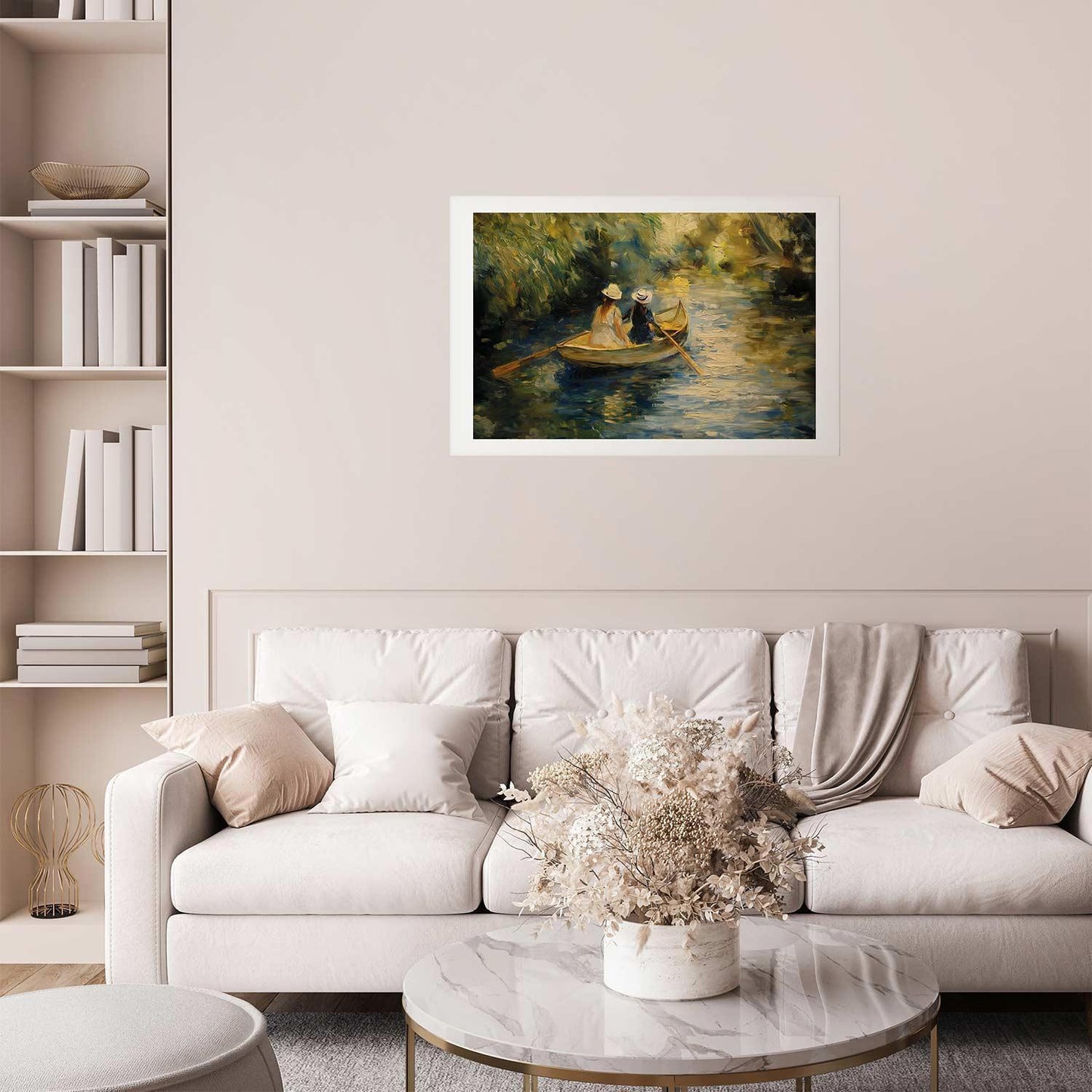 Poster - Boat crossing - painting of two women sailing a boat on a river