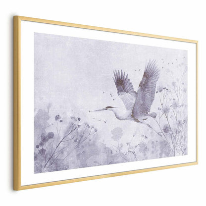 Poster - Majestic Flight - crane in flight in a monochromatic, cool color palette
