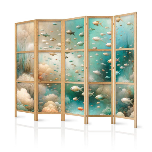 Japanischer Paravent - Spectacular Underwater Landscape - Fish in the Underwater World in Colors of Turquoise Blue Beige and Delicate Orange Artgeist