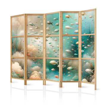 Japanischer Paravent - Spectacular Underwater Landscape - Fish in the Underwater World in Colors of Turquoise Blue Beige and Delicate Orange Artgeist