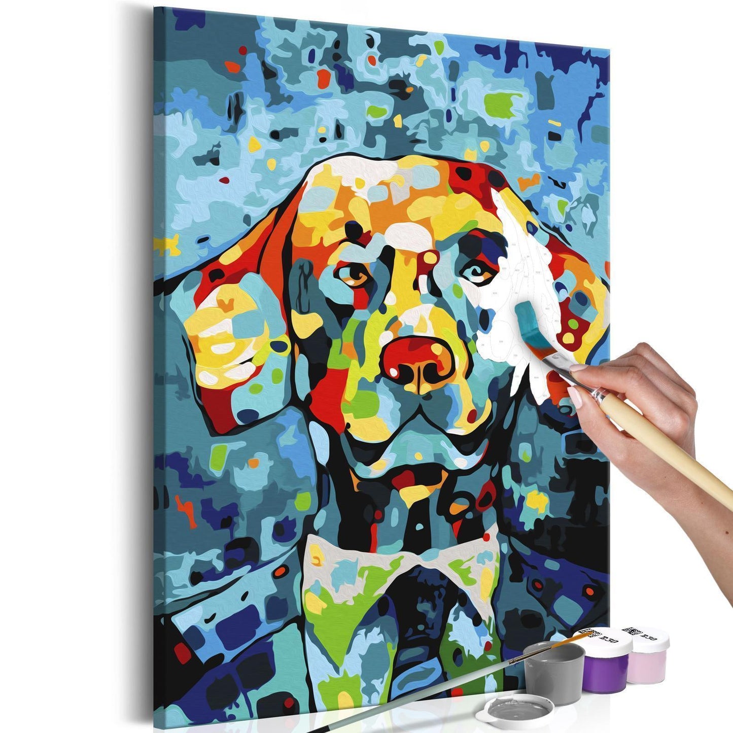 Wandbild zum Ausmalen Hundeporträt - Buntes abstraktes Hunde-Kunstwerk Malen nach Zahlen Set mit Leinwand, Farben und Pinseln