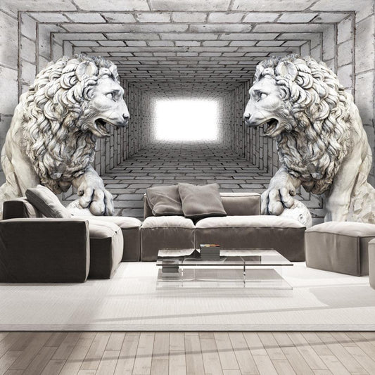 Fototapete mit Löwenstatuen in Steinoptik

