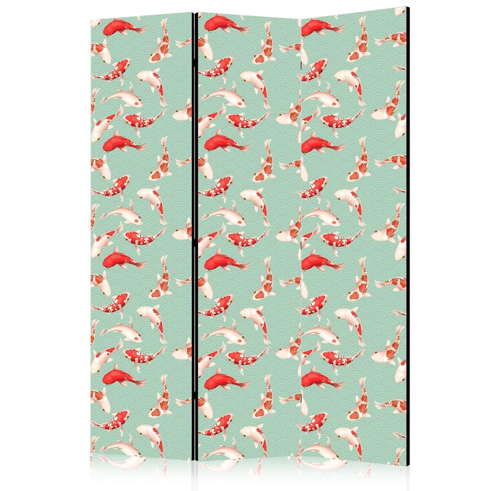Paravent - Fish and Japanese Pattern - Koi Fish in Orange-Cream Colors on a Green-Mint Background with an Oriental Pattern Artgeist