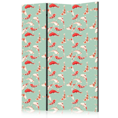 Paravent - Fish and Japanese Pattern - Koi Fish in Orange-Cream Colors on a Green-Mint Background with an Oriental Pattern Artgeist
