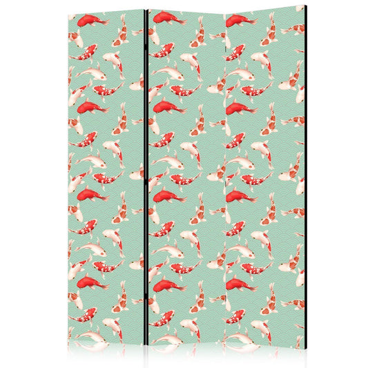 Paravent - Fish and Japanese Pattern - Koi Fish in Orange-Cream Colors on a Green-Mint Background with an Oriental Pattern Artgeist