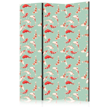 Paravent - Fish and Japanese Pattern - Koi Fish in Orange-Cream Colors on a Green-Mint Background with an Oriental Pattern Artgeist