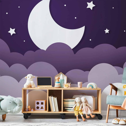 Fototapete - Moon dream - clouds in a purple sky with stars for children Artgeist