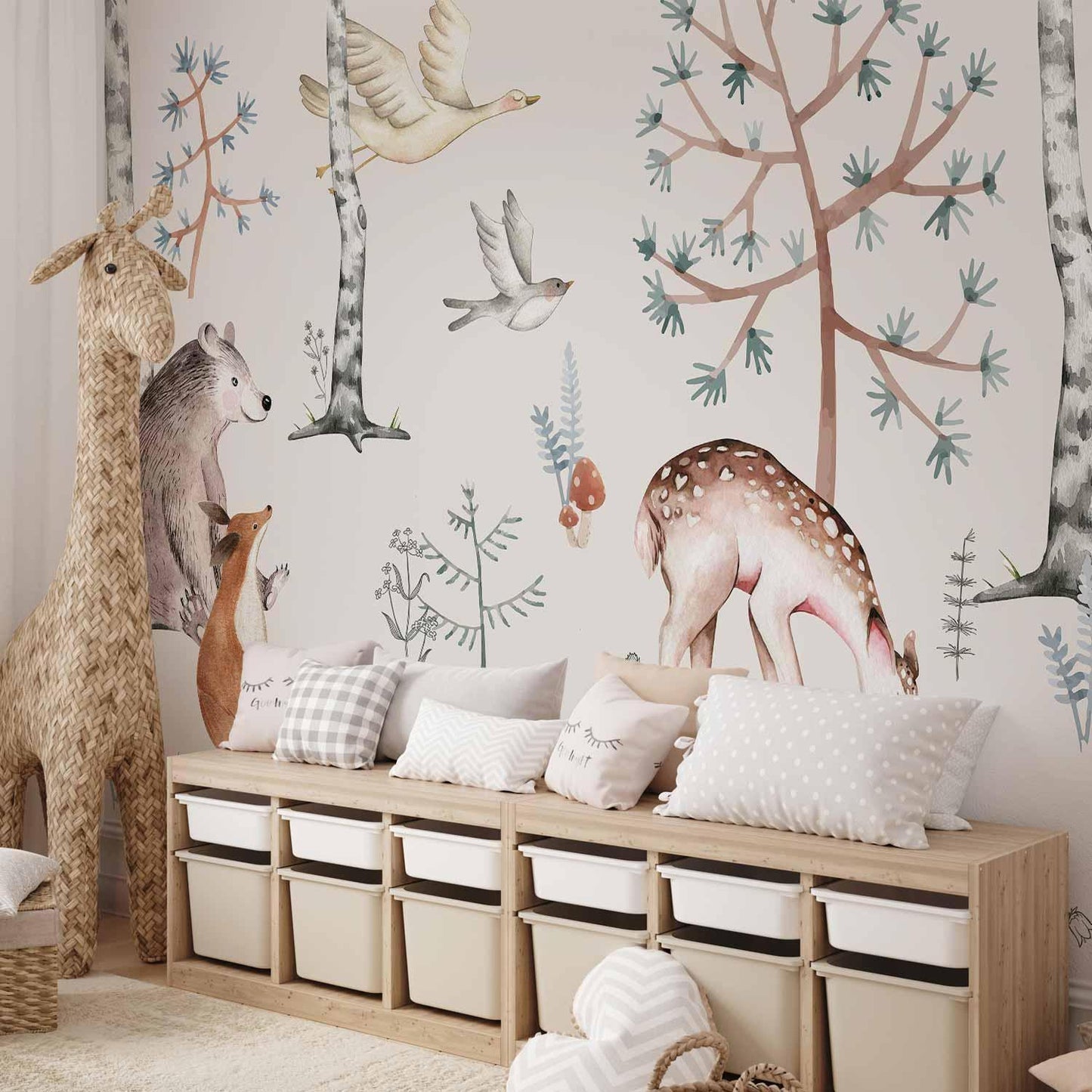 Fototapete - Forest Land With Animals Painted in Watercolours