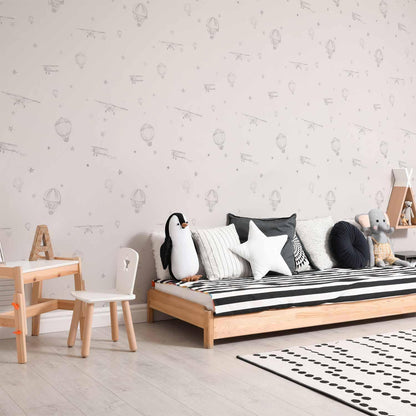 Tapete - Watercolor - Airplanes and balloons painted on a white sky background