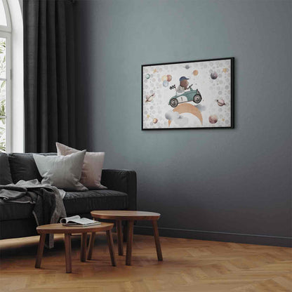 Leinwandbild - Galactic Races - A Bear Participating in Car Races Among Planets Clouds and Stars in Pastel Hues