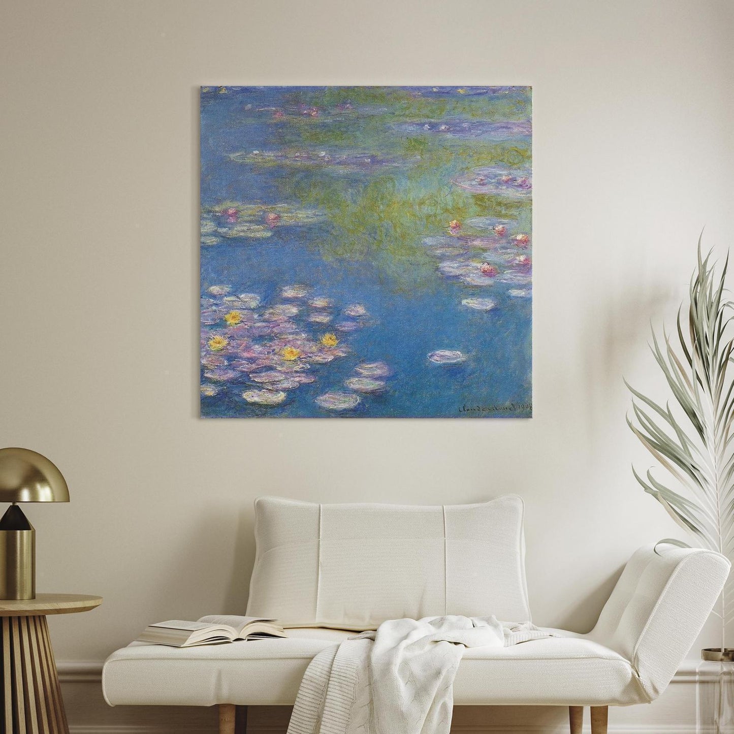 Canvas wall art featuring water lilies in Giverny, perfect for living room decor.