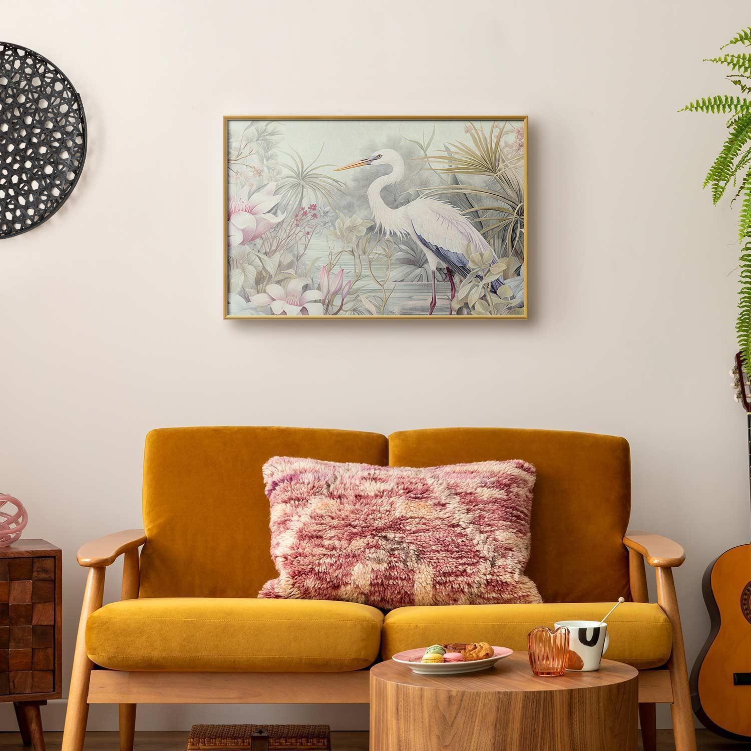 Poster - Heron Wading in a Pond - illustration in light colors Artgeist
