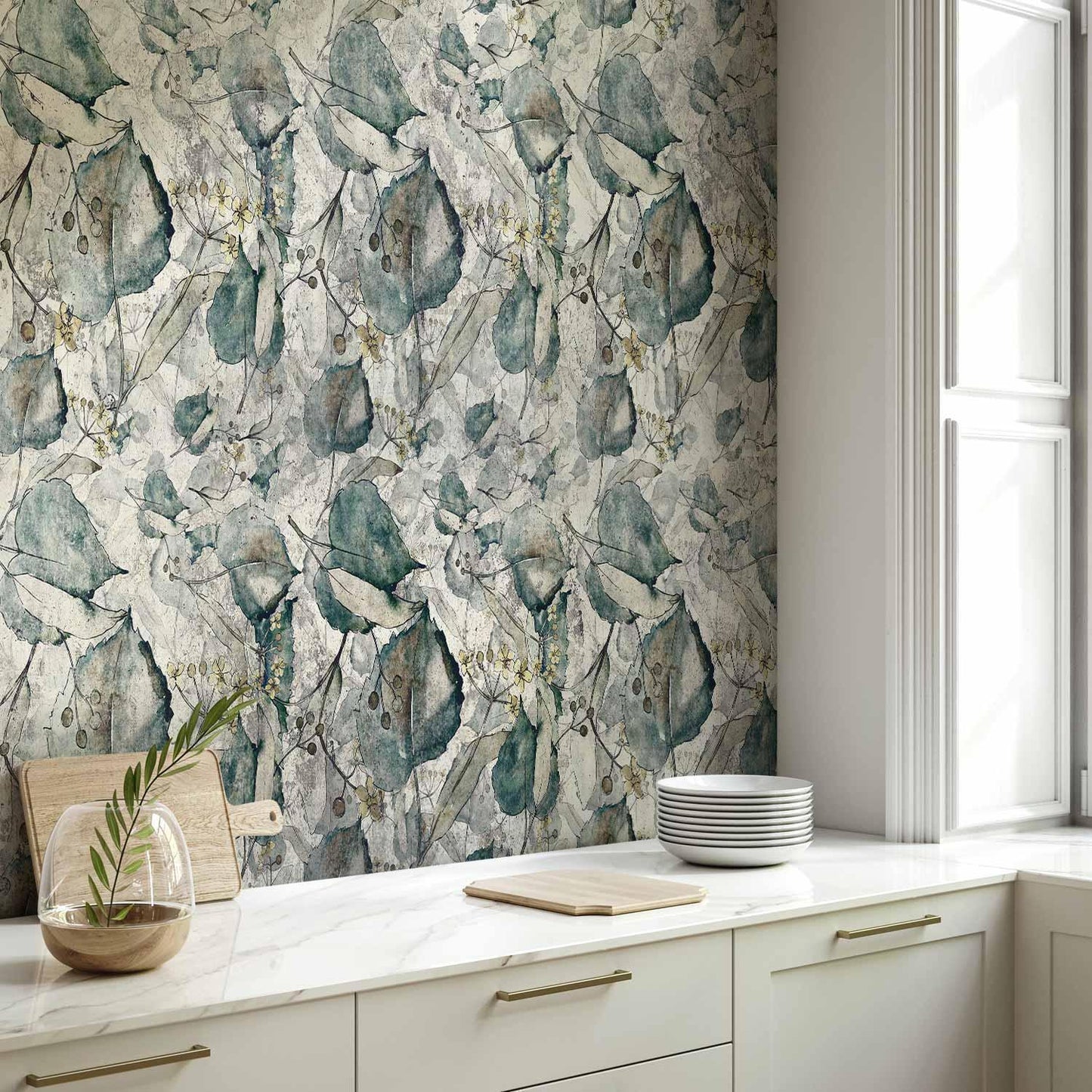 Fototapete - Autumn souvenirs - cool grey floral pattern with leaves