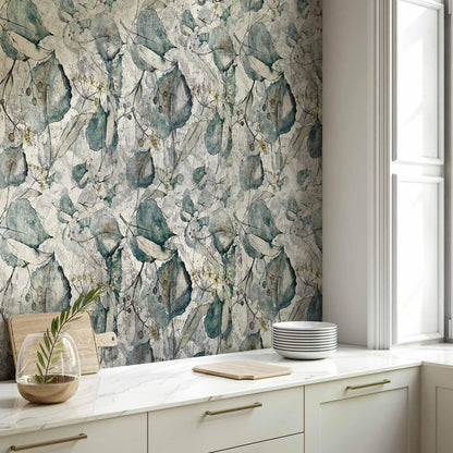 Fototapete - Autumn souvenirs - cool grey floral pattern with leaves