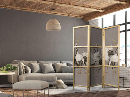 Japanischer Paravent - Crane dance - bright silhouettes of birds on a warm grey background with texture