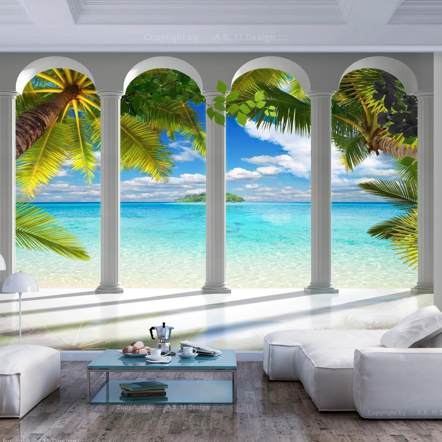 Fototapete Meer hinter Säulen - Mediterrane Landschaft mit klassischer Architektur
