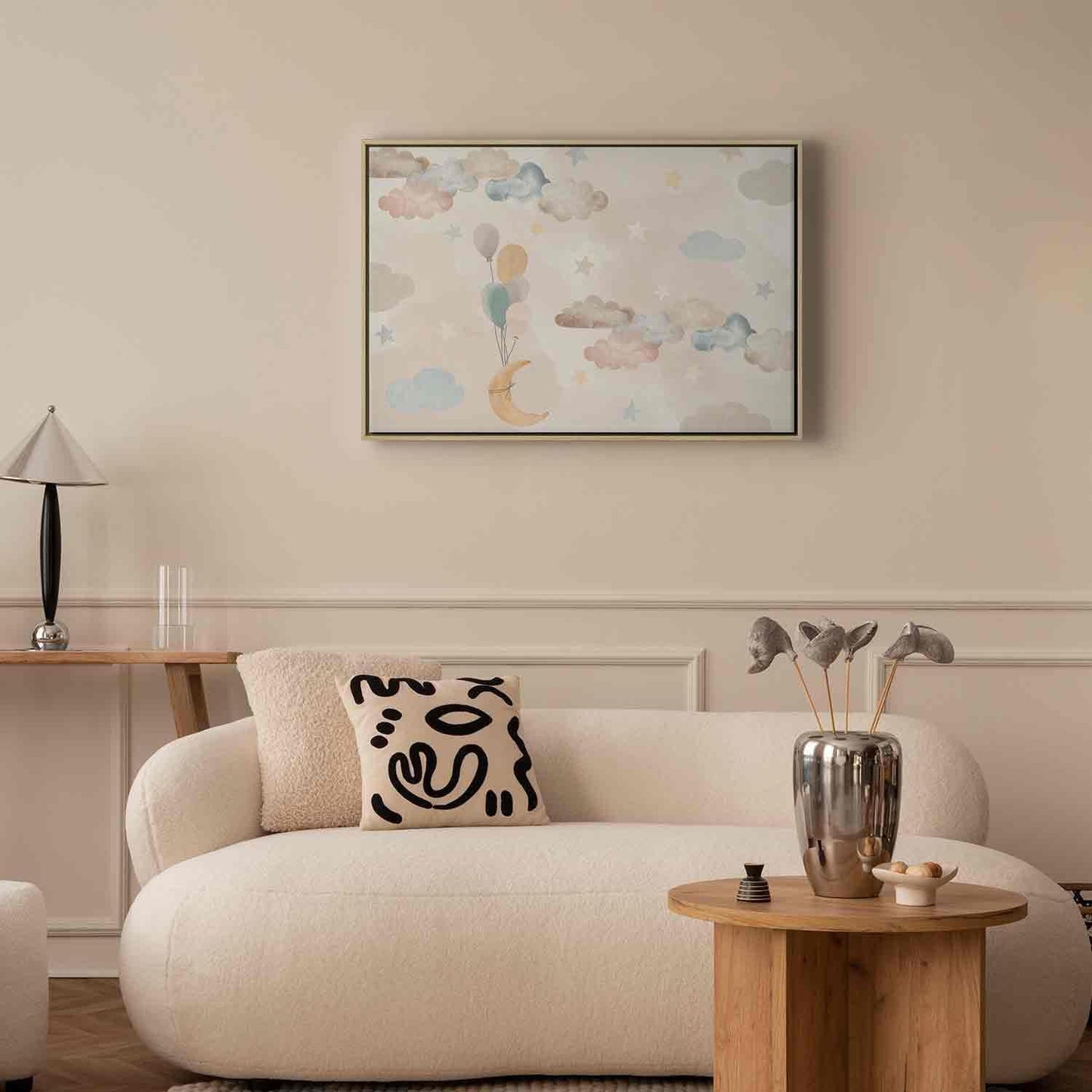 Leinwandbild - Fairy-Tale Moon - Pastel Moon with Balloons Among Colorful Clouds and Stars in Subdued Colors on a Light Background