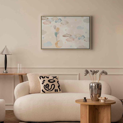 Leinwandbild - Fairy-Tale Moon - Pastel Moon with Balloons Among Colorful Clouds and Stars in Subdued Colors on a Light Background