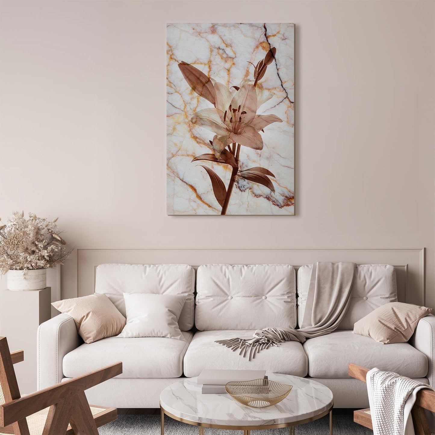 Leinwandbild - Elegance of a Flower (1-part) - Delicate Lily on Marble in Sepia