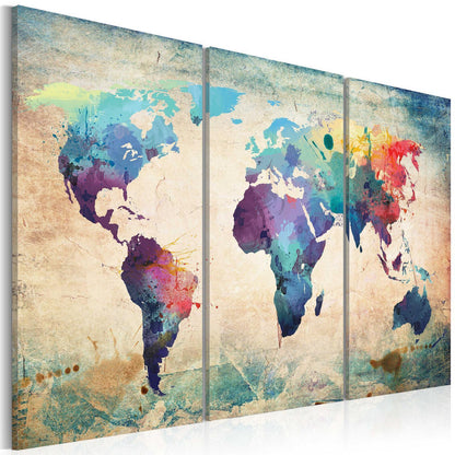 Leinwandbild „Rainbow Map“ – Bunte Weltkarte als dreiteiliges Wandbild