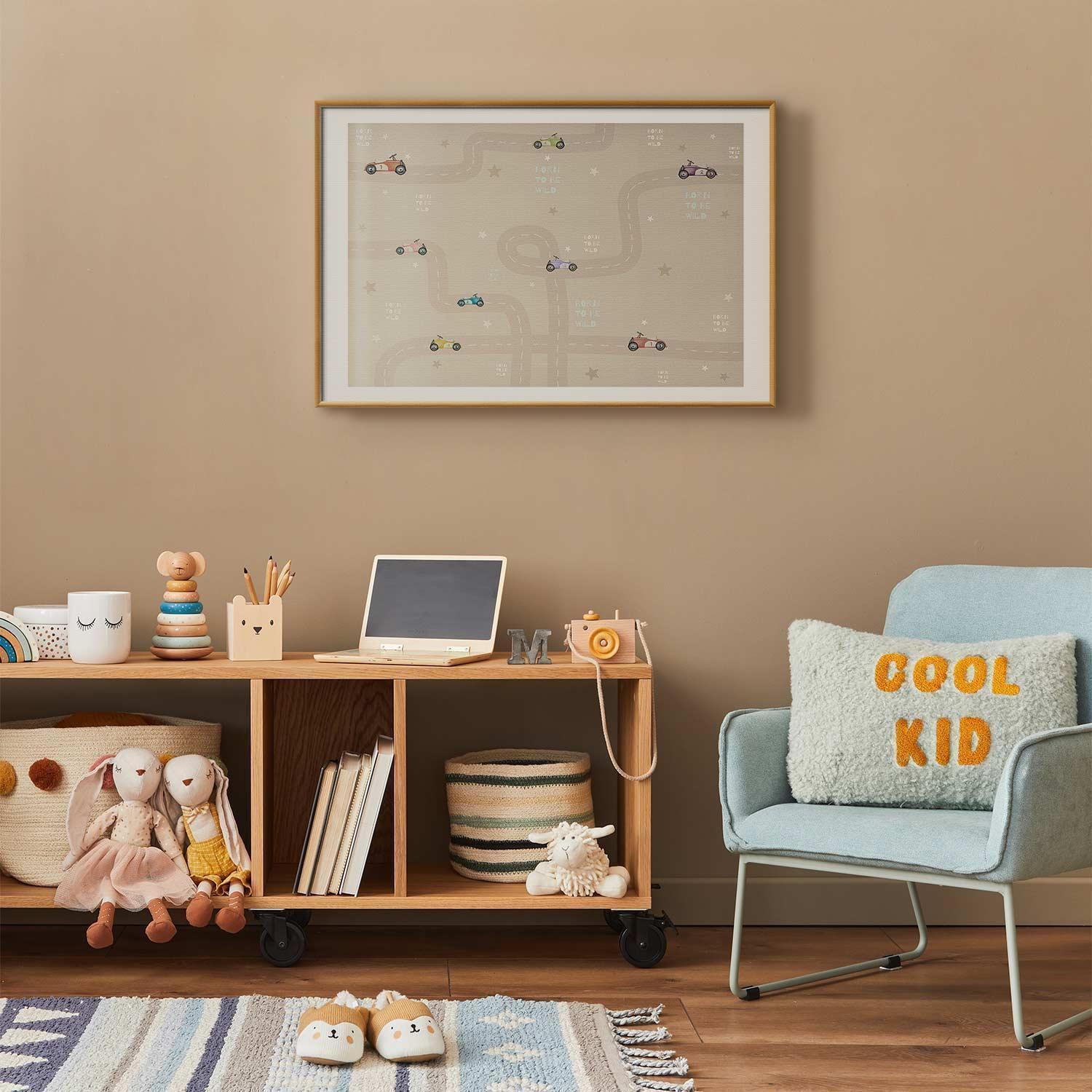 Poster featuring racing cars in a children's room setting.