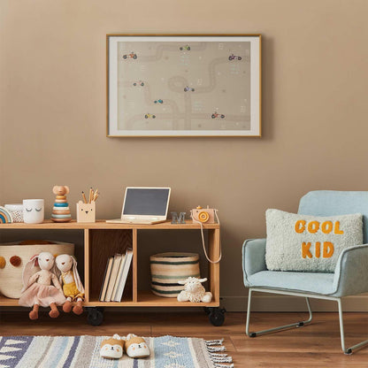 Poster featuring racing cars in a children's room setting.