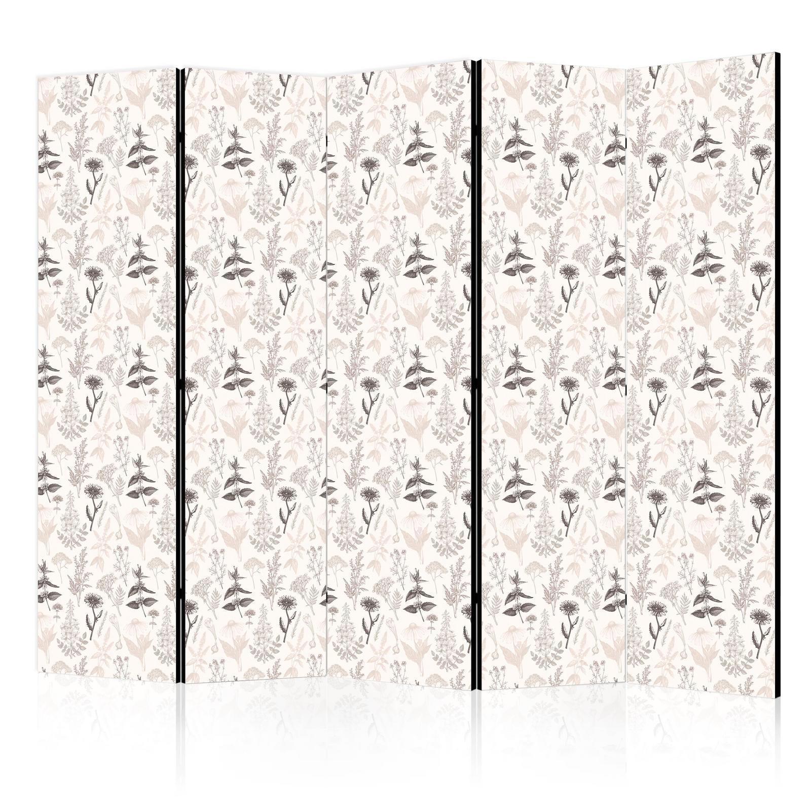Paravent - Botanical Illustration - Drawing of Flowers and Herbs - Beige Grays Artgeist