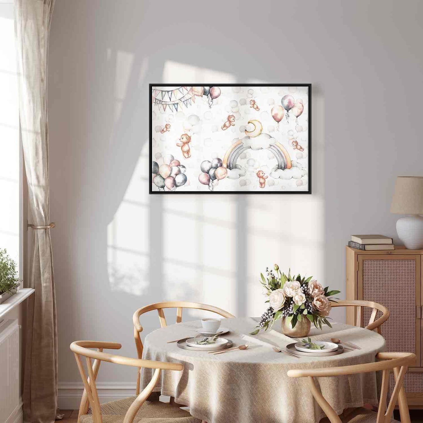 Leinwandbild - Toy Bears with Balloons - Flying Plush Bears Among Balloons Clouds and Rainbows in Subtle Pastel Hues