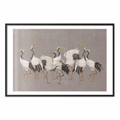 Poster - Crane Dance - light bird silhouettes on a warm-gray textured background