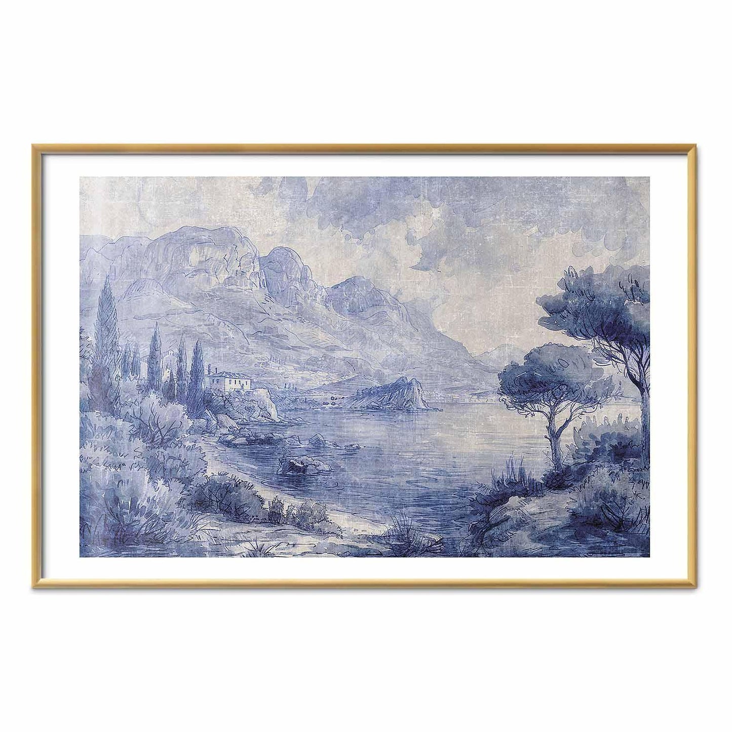 Poster - Blue Bay - Italian Landscape of Lake Como Painted in Blue Ink