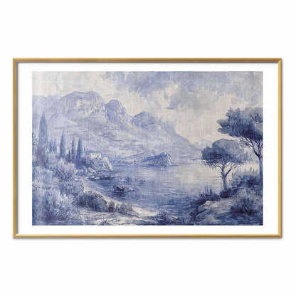 Poster - Blue Bay - Italian Landscape of Lake Como Painted in Blue Ink