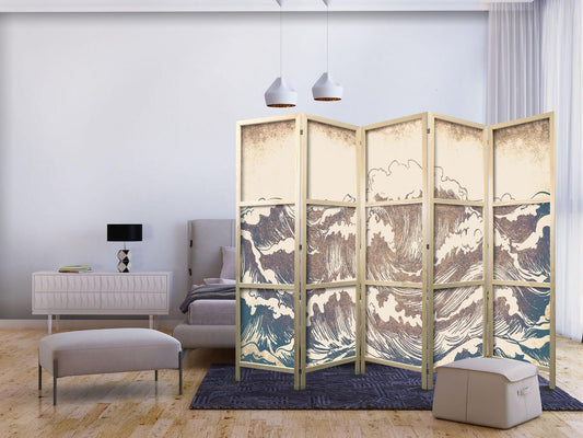 Japanischer Paravent - Turbulent Ocean - High Waves in Brown And Navy Colors on a Beige Background in Vintage Style