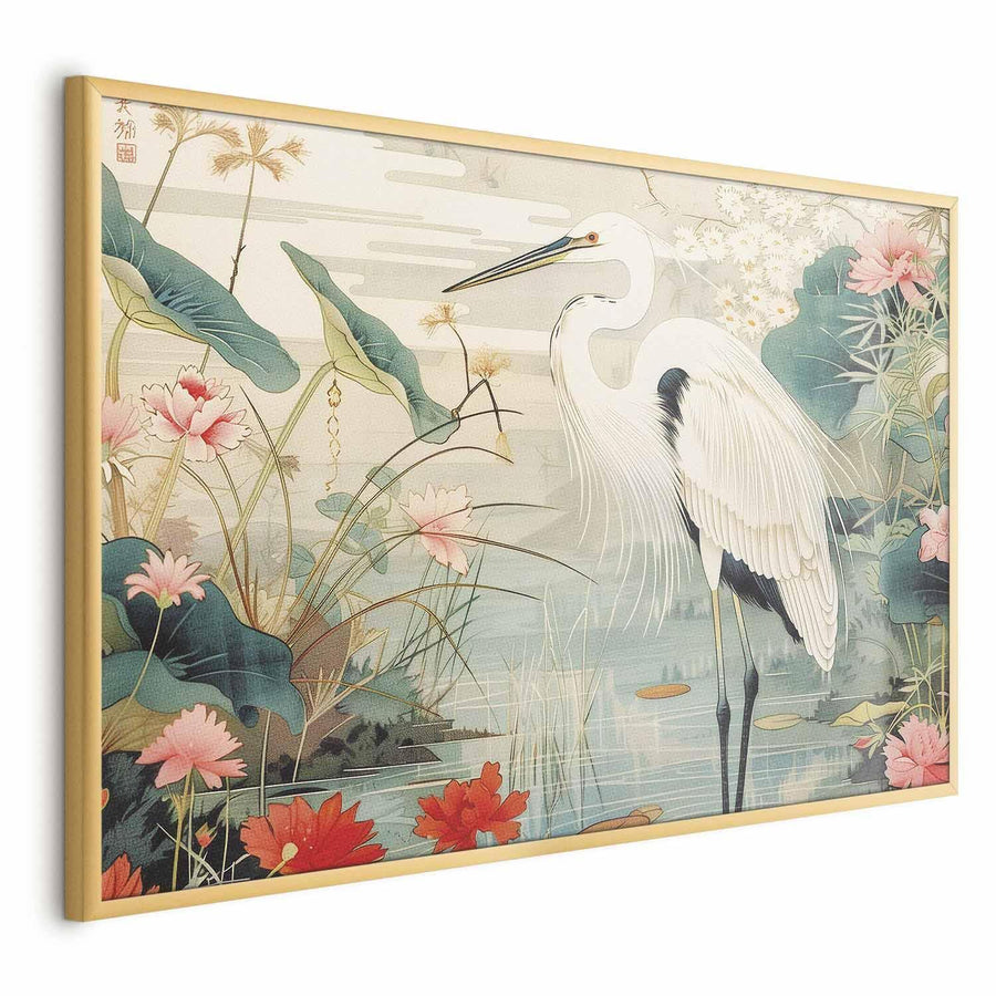 Poster - Over the Asian Pond - illustration in the Japanese print style featuring a heron Artgeist