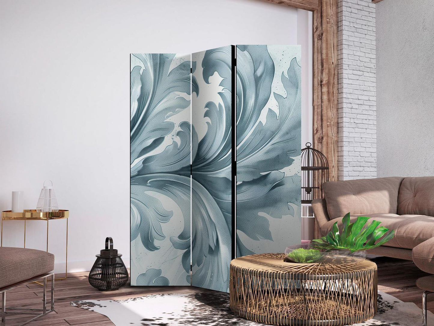 Paravent - Stone Baroque Ornaments in Light Shades of Gray and Blue Artgeist