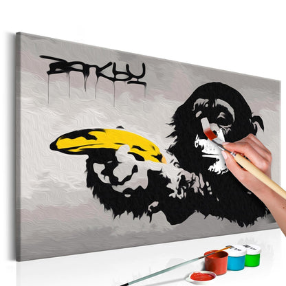 Wandbild zum Ausmalen Monkey Banksy Street Art Dekoration - ikonischer Affe im Graffiti-Stil als urbaner Wandschmuck